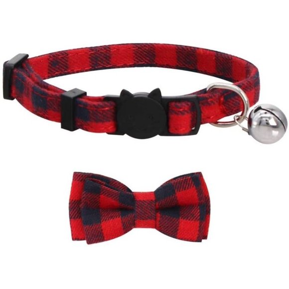 Red and Black Plaid Cat Break Away Collar With Detachable Bow - Picture 5 of 6